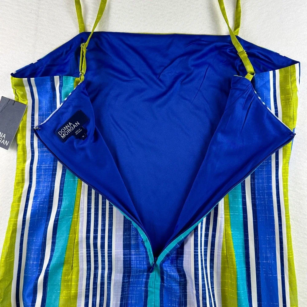 Donna Morgan Lime Blue Striped Maxi Dress Spaghetti Strap Side Slit Size 16 NEW - Picture 12 of 16
